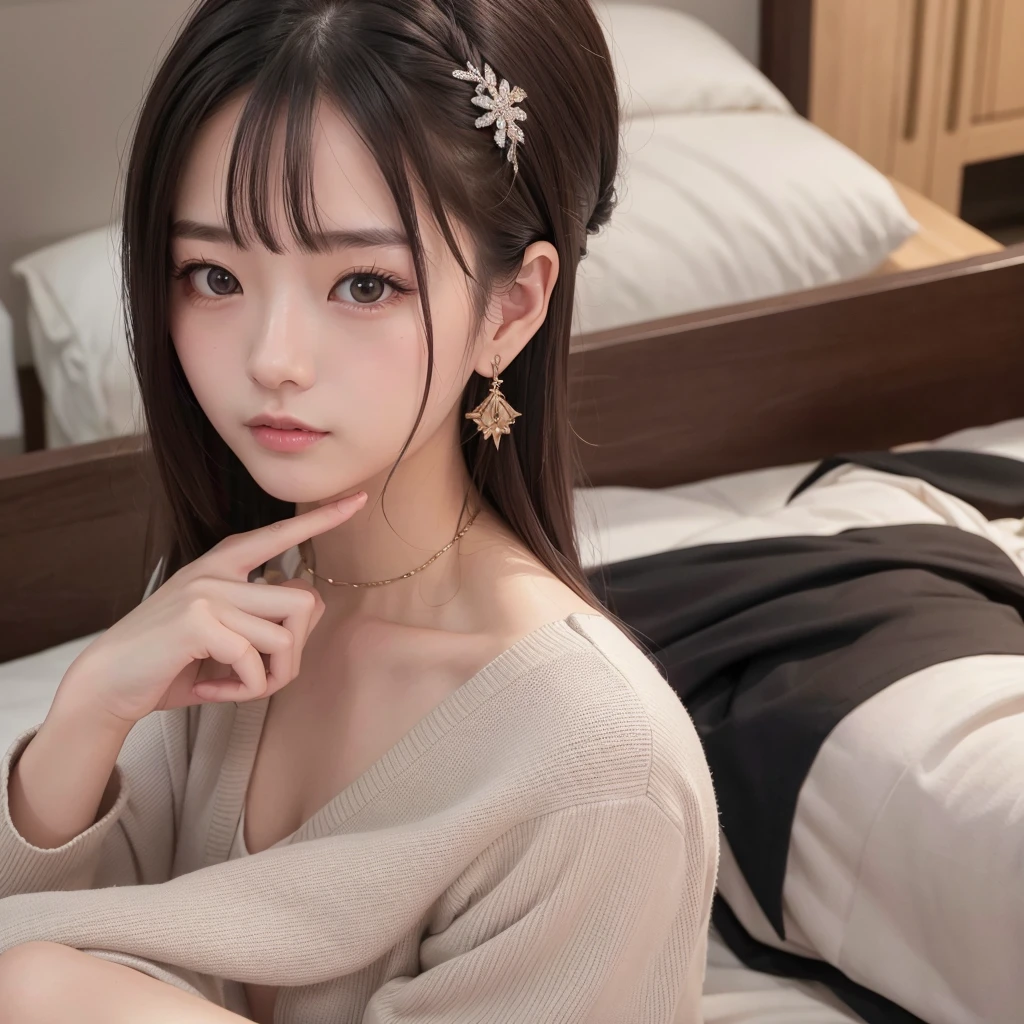 uhd, best quality, 1080P、1080×1920、Beautiful woman posing on the bed、Japanese Goddess、Beautiful curves、むちっとした体 日本model、Cute、清楚な女性 ゴージャスな中国model、model体型、Real、Beauty、uniform、one piece、Earrings、Gal、Adult women、young、Stylish、Girly Outfit、model、solo、One person、close