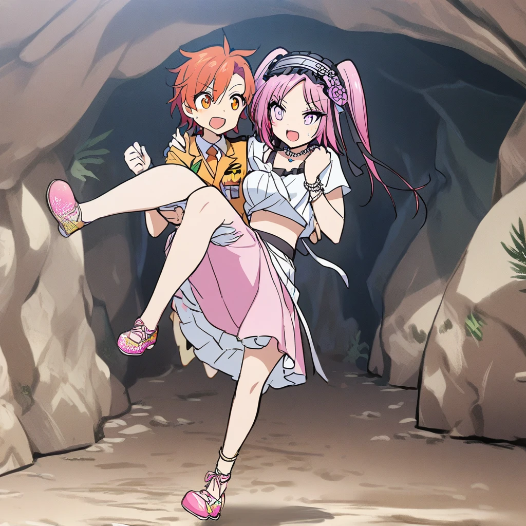 ( 2girls, Fujimaru ritsuka(female) is carrying,  euryale, princess carry, ), tropical uniform, cave, running, hurry, 
