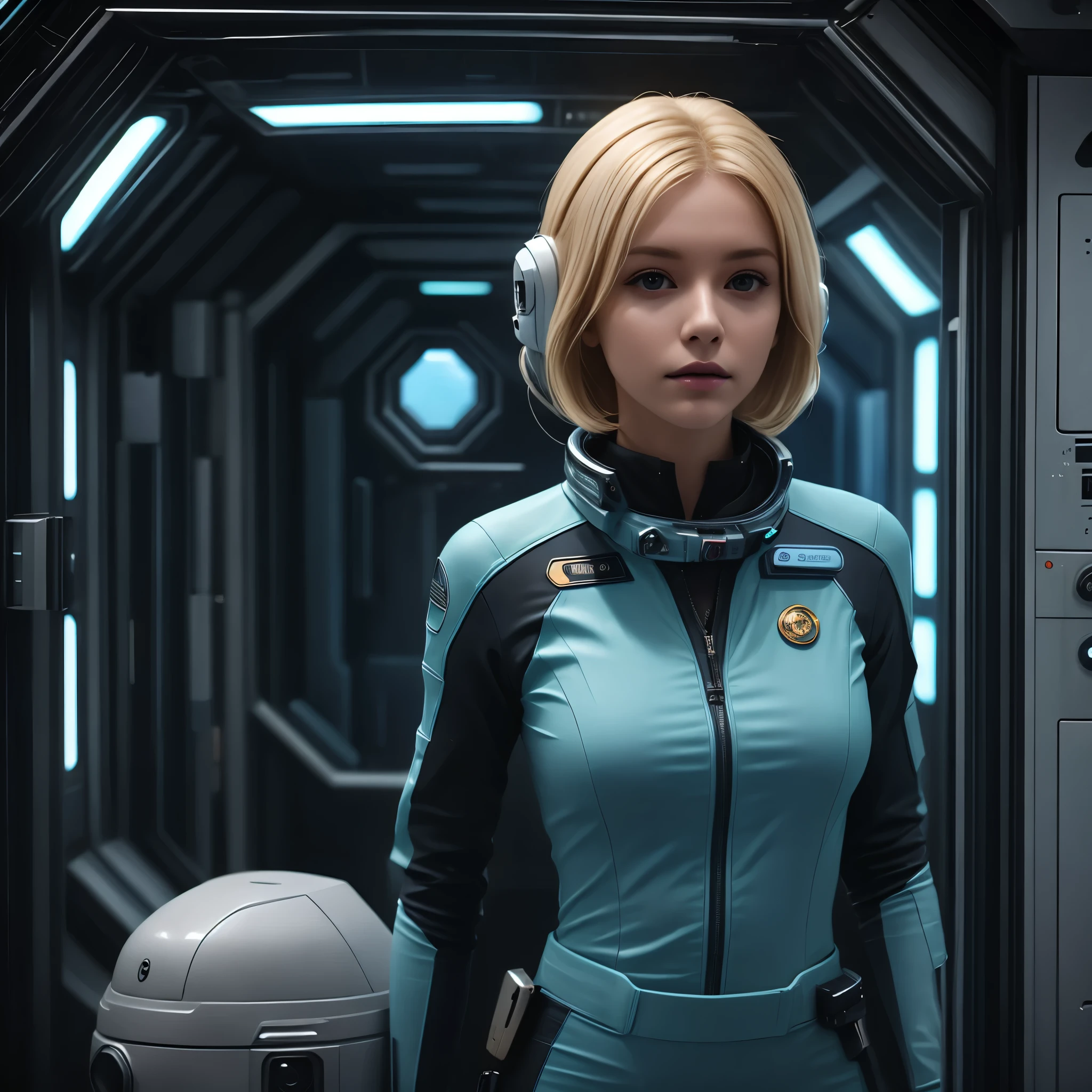 (masterpiece:1.4),(best quality,photorealistic), A beautiful Blonde woman with short hair, 48 years old, she is wearing a full length Teal space suit, she has perfect hands and face, ((she is standing in the door  way of a giant space ship)), there computers and flight controls, and exclusive, Luxury, you can see a moon out of the window, space nebulas, planets, control panel, she is sitting in a large space, she wears a gold badge