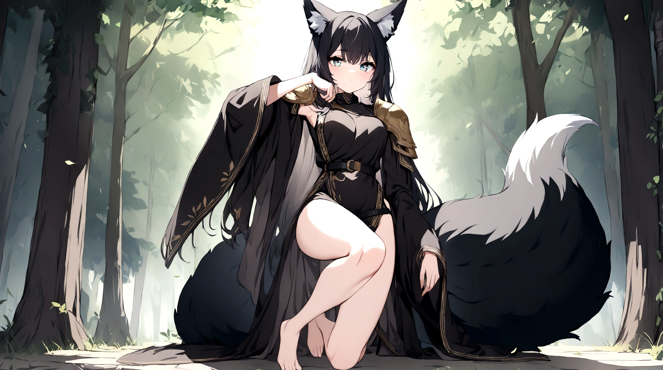 (1girl, Masterpiece, best quality) (detailed and beautiful eyes:1.6) (perfect hands, perfect anatomy, full body) A adult female character with short, black hair styled in a slightly tousled manner. She has calm, focused amber eyes and distinctive fox-like ears, black with white inner fur. She also has a bushy black fox tail. (She wears a black high-collar top with long, flowing sleeves, over which she dons a black cloak adorned with black accents and shoulder armor.) she has belt buckle along with gold and leather straps. Her positon showcases her strength and readiness for battle. The lighting is soft and natural, with gentle shadows enhancing the overall design. Forest background.