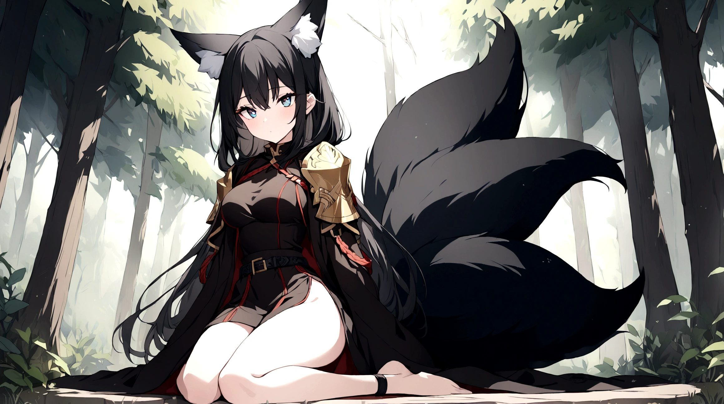 (1girl, Masterpiece, best quality) (detailed and beautiful eyes:1.6) (perfect hands, perfect anatomy, full body) A adult female character with short, black hair styled in a slightly tousled manner. She has calm, focused amber eyes and distinctive fox-like ears, black with white inner fur. She also has a bushy black fox tail. (She wears a black high-collar top with long, flowing sleeves, over which she dons a black cloak adorned with black accents and shoulder armor.) she has belt buckle along with gold and leather straps. Her positon showcases her strength and readiness for battle. The lighting is soft and natural, with gentle shadows enhancing the overall design. Forest background.