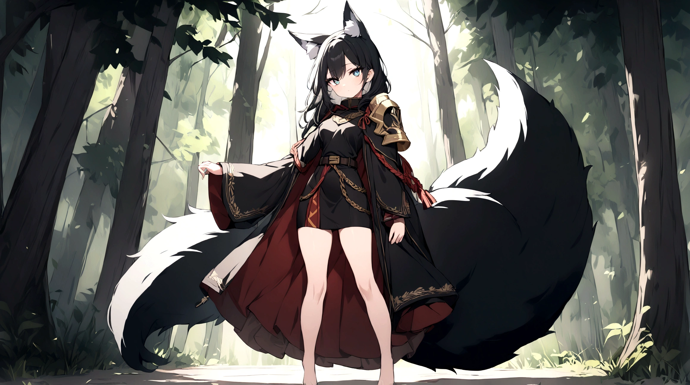 (1girl, Masterpiece, best quality) (detailed and beautiful eyes:1.6) (perfect hands, perfect anatomy, full body) A adult female character with short, black hair styled in a slightly tousled manner. She has calm, focused amber eyes and distinctive fox-like ears, black with white inner fur. She also has a bushy black fox tail. (She wears a black high-collar top with long, flowing sleeves, over which she dons a black cloak adorned with black accents and shoulder armor.) she has belt buckle along with gold and leather straps. Her positon showcases her strength and readiness for battle. The lighting is soft and natural, with gentle shadows enhancing the overall design. Forest background.
