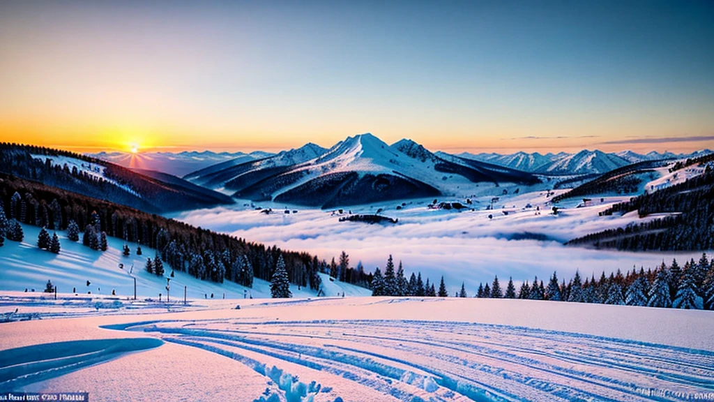 arafed view of a snowy mountain with a sunset in the background, cold but beautiful, warm beautiful scene, beautiful snowy landscape, snowy hill at sunrise, cold sunset, winter setting, beautiful winter area, mountains and colorful sunset!!, winter atmosphere, beautiful and spectacular dusk, carpathian mountains, winter landscape outside, in the snow mountains