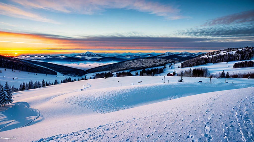 arafed view of a snowy mountain with a sunset in the background, cold but beautiful, warm beautiful scene, beautiful snowy landscape, snowy hill at sunrise, cold sunset, winter setting, beautiful winter area, mountains and colorful sunset!!, winter atmosphere, beautiful and spectacular dusk, carpathian mountains, winter landscape outside, in the snow mountains