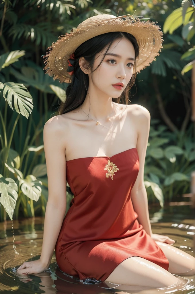 (((best quality))),(((ultra detailed))),(((masterpiece))),illustration,1 beautiful girl,slim,straw hat,shiny skin,black skin,sweat,wet,flat chest,short Embroidered red cheongsam,collar,bare arms,pantyhose,sitting in the Paddy pool filled with Rice seedlings,upper body,elegant, clear sky, sunlight, dreamy, contrast, natural,Chinese rural landscape,The body below the neck is in water