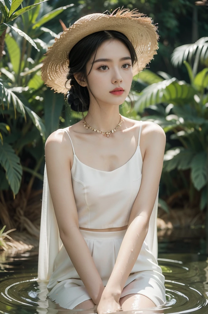 (((best quality))),(((ultra detailed))),(((masterpiece))),illustration,1 beautiful girl,slim,straw hat,shiny skin,black skin,sweat,wet,flat chest,short Embroidered red cheongsam,collar,bare arms,pantyhose,sitting in the Paddy pool filled with Rice seedlings,upper body,elegant, clear sky, sunlight, dreamy, contrast, natural,Chinese rural landscape,The body below the neck is in water