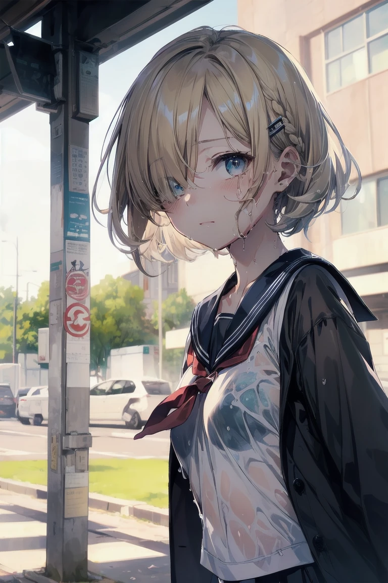 Heavy rain,outdoors,highest quality, anime moe art style,Best Anime 8K Kona-chan Wallpaper,Pixiv contest winners,perfect anatomy, (Please draw a girl walking sleepily to school),break, 1 girl, (13 years old:1.4),high school student, short hair, amount, (hair above one eye:1.9),All limbs, full finger,medium breasts, between legs, small eyes,Precise blue eyes,hair clip, (sailor suit:1.5),(school uniform:1.5) ,(wet clothes),skirt,On the way to school,break,Super detailed,High resolution,super dense skin,professional lighting,8K eye details,(cute illustration:1.2),blonde hair,(wet hair:1.4),(bra visible through clothes),No expression,(hair above one eye:1.2),(Tears of Joy),towel