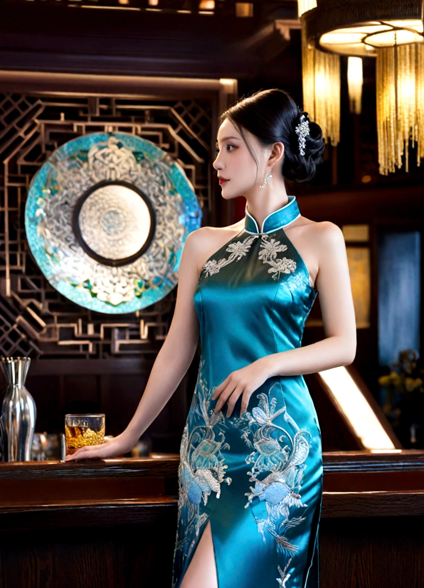 a woman, Cheongsam, iridescent silk fabric, modern silver embroidery, night bar,epic realistic, intricate details, hyper detailed, cinematic, rim light,
