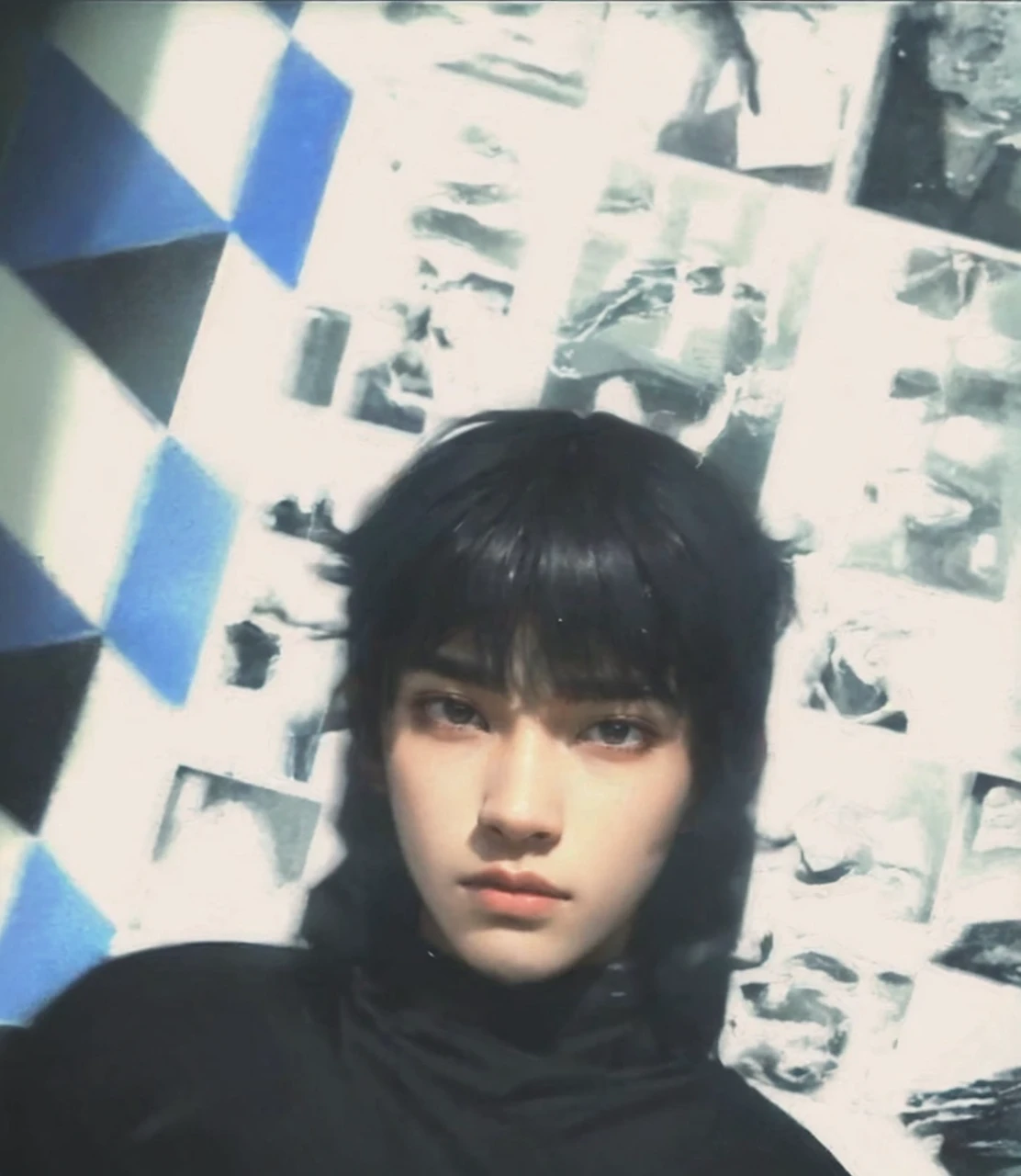 a 20 yo man , Black hair ,hair slightly covered by sweater, Blank stare   (hi-top fade:1.3), dark theme, soothing tones, muted colors, high contrast, (natural skin texture, hyperrealism, soft light, sharp)