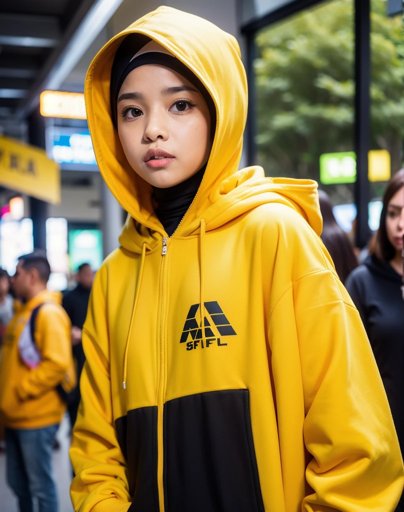 A wearing a yellow hoodie, In hoodie says SYIFA, wear the hijab, background blur
