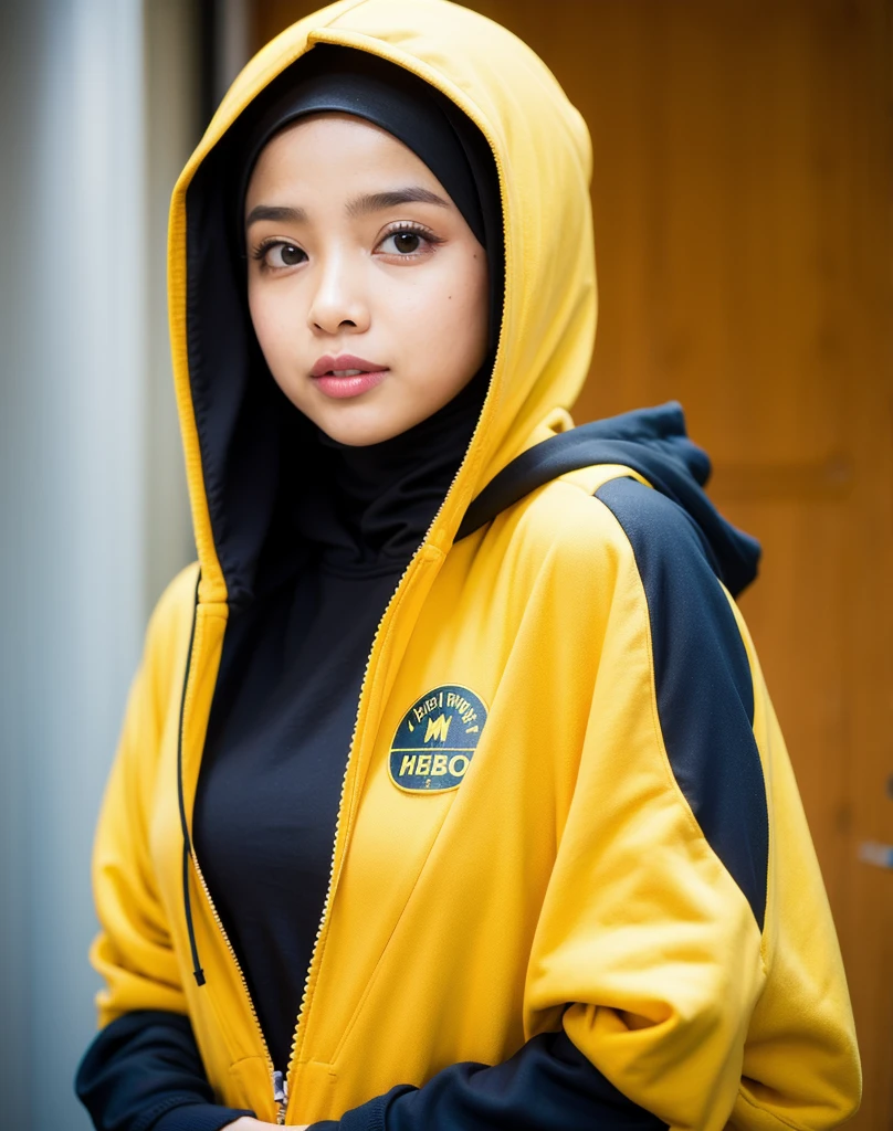 A wearing a yellow hoodie, In hoodie says SYIFA, wear the hijab, background blur