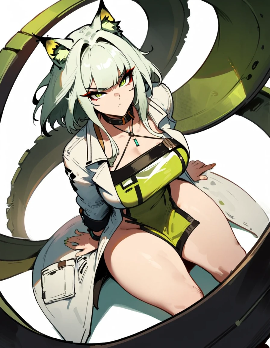 1girl, kal'tsit \(arknights\), arknights \\\\\ masterpiece, best quality, very aesthetic, absurdres, newest \\\\\\ slim body,///// ,by nyantcha,cutesexyrobutts , by khyle,,////// ,,,, , ,,detailed face, , ,, , , , , beautiful face, (white background:1.2), , sexy, , serious.angry, green eyes, animal ears, , ,,,big tits,), in the center of the frame,,, ,wears a lab coat, ,full body , solo, sit