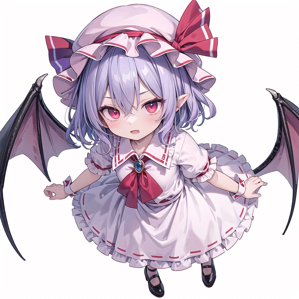 (((one women))),(((remilia scarlet))),(touhou), red eyes, short hair, purple hair, light purple hair, blue hair, slit pupils, fang, white headwear, pink headwear, mob cap, white shirt, pink shirt, collared shirt, frilled shirt collar, red ascot, puffy short sleeves, frilled sleeves, wrist cuffs, white skirt, pink skirt, skirt set, frilled skirt, red ribbon, hat ribbon, waist bow, red bow, brooch, holding,(((full body))),(((model posing))),(((white background))),(((Angle from above)))