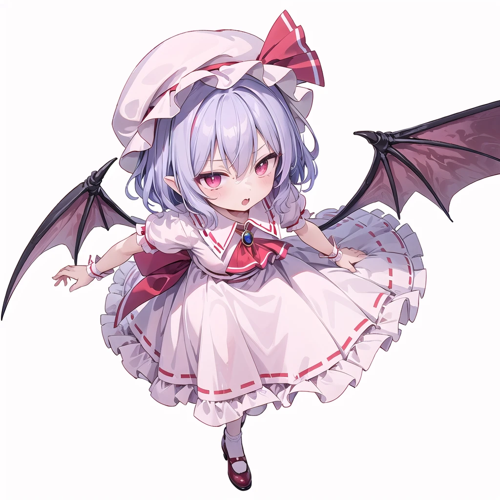 (((one women))),(((remilia scarlet))),(touhou), red eyes, short hair, purple hair, light purple hair, blue hair, slit pupils, fang, white headwear, pink headwear, mob cap, white shirt, pink shirt, collared shirt, frilled shirt collar, red ascot, puffy short sleeves, frilled sleeves, wrist cuffs, white skirt, pink skirt, skirt set, frilled skirt, red ribbon, hat ribbon, waist bow, red bow, brooch, holding,(((full body))),(((model posing))),(((white background))),(((Angle from above)))