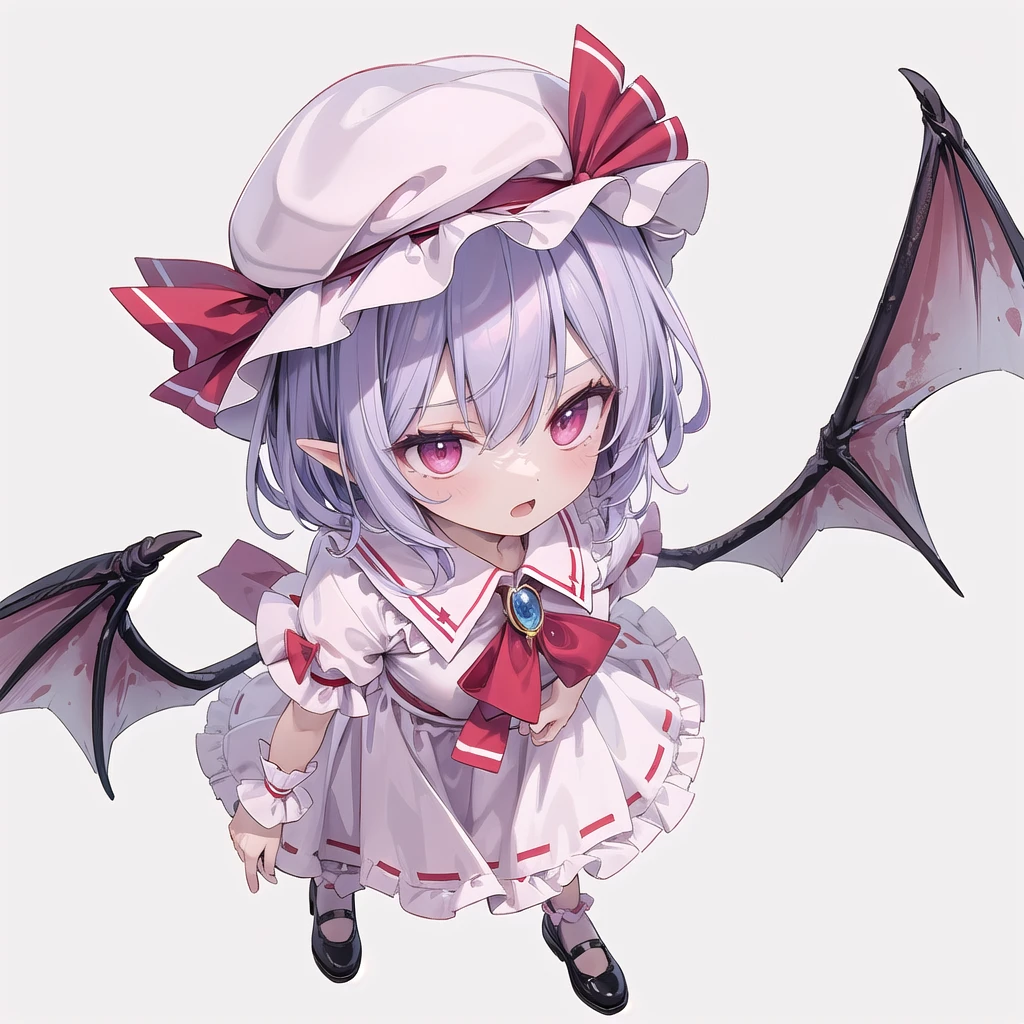 (((one women))),(((remilia scarlet))),(touhou), red eyes, short hair, purple hair, light purple hair, blue hair, slit pupils, fang, white headwear, pink headwear, mob cap, white shirt, pink shirt, collared shirt, frilled shirt collar, red ascot, puffy short sleeves, frilled sleeves, wrist cuffs, white skirt, pink skirt, skirt set, frilled skirt, red ribbon, hat ribbon, waist bow, red bow, brooch, holding,(((full body))),(((model posing))),(((white background))),(((Angle from above)))