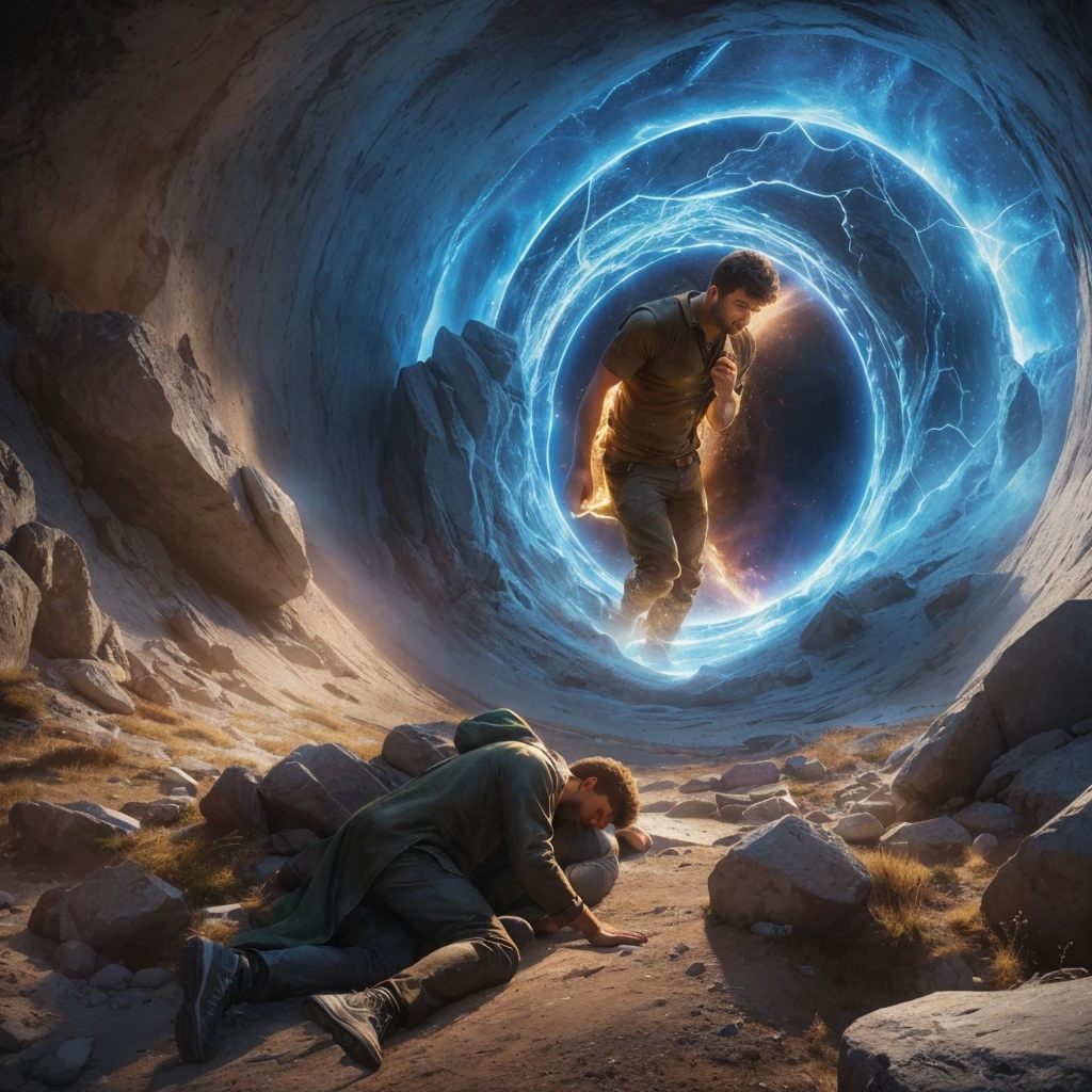 Two men get sick trying to go through a portal in a mountain. Photorealism, full view, very detailed image, very realistic, hyperrealism, Ultra HD, 8k, 5, sharp focus, intricate and mysterious masterpiece.(Long exposure photography Highly detailed close- up portrait art illustration: final quality, medium shot, backlit, rich and striking manipulations (rule of thirds composition), ((detailed environment with strong lines) The best quality, in camera, white light, warm and clean aesthetics , dazzling screen composed of millions of bright ultraviolet rays, HDR.