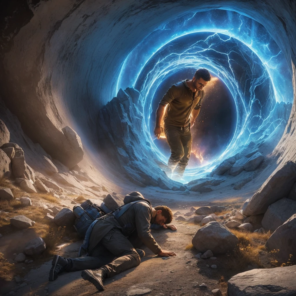 Two men get sick trying to go through a portal in a mountain. Photorealism, full view, very detailed image, very realistic, hyperrealism, Ultra HD, 8k, 5, sharp focus, intricate and mysterious masterpiece.(Long exposure photography Highly detailed close- up portrait art illustration: final quality, medium shot, backlit, rich and striking manipulations (rule of thirds composition), ((detailed environment with strong lines) The best quality, in camera, white light, warm and clean aesthetics , dazzling screen composed of millions of bright ultraviolet rays, HDR.