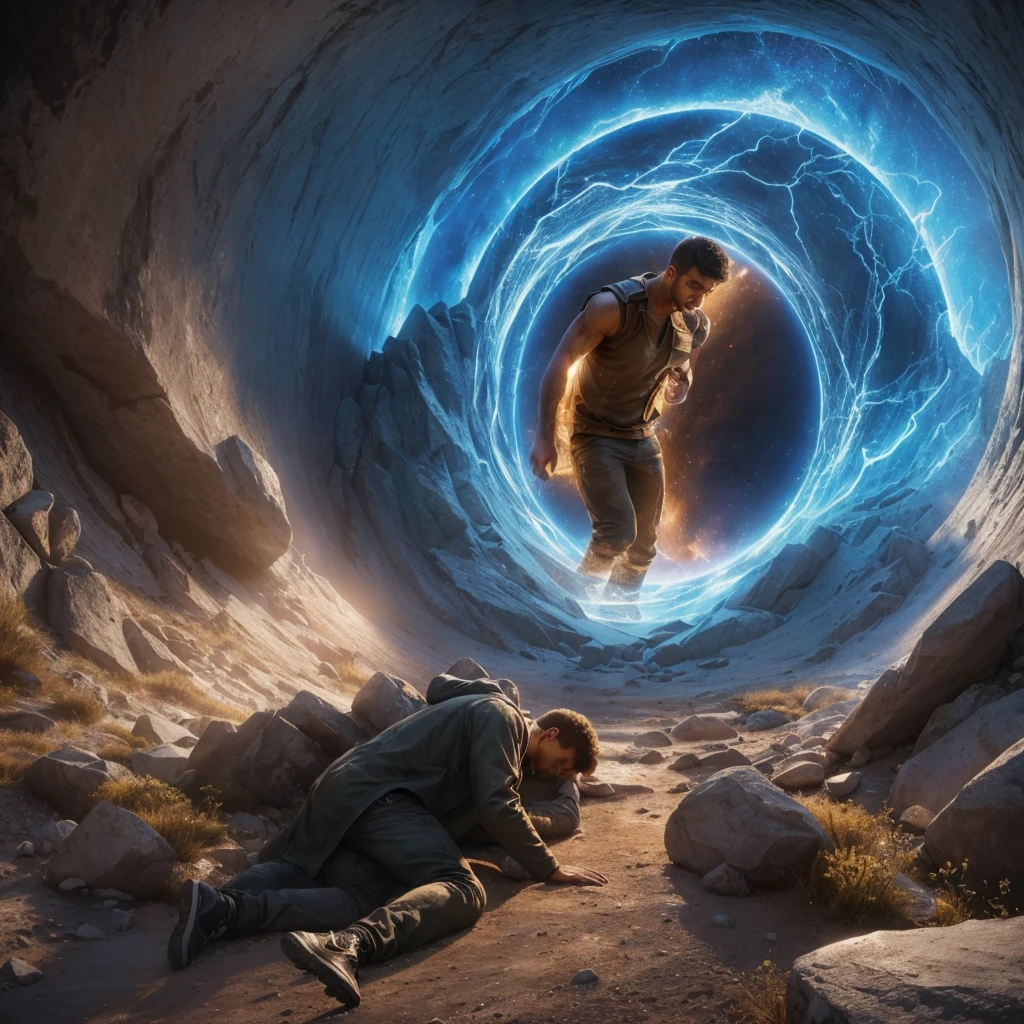 Two men get sick trying to go through a portal in a mountain. Photorealism, full view, very detailed image, very realistic, hyperrealism, Ultra HD, 8k, 5, sharp focus, intricate and mysterious masterpiece.(Long exposure photography Highly detailed close- up portrait art illustration: final quality, medium shot, backlit, rich and striking manipulations (rule of thirds composition), ((detailed environment with strong lines) The best quality, in camera, white light, warm and clean aesthetics , dazzling screen composed of millions of bright ultraviolet rays, HDR.