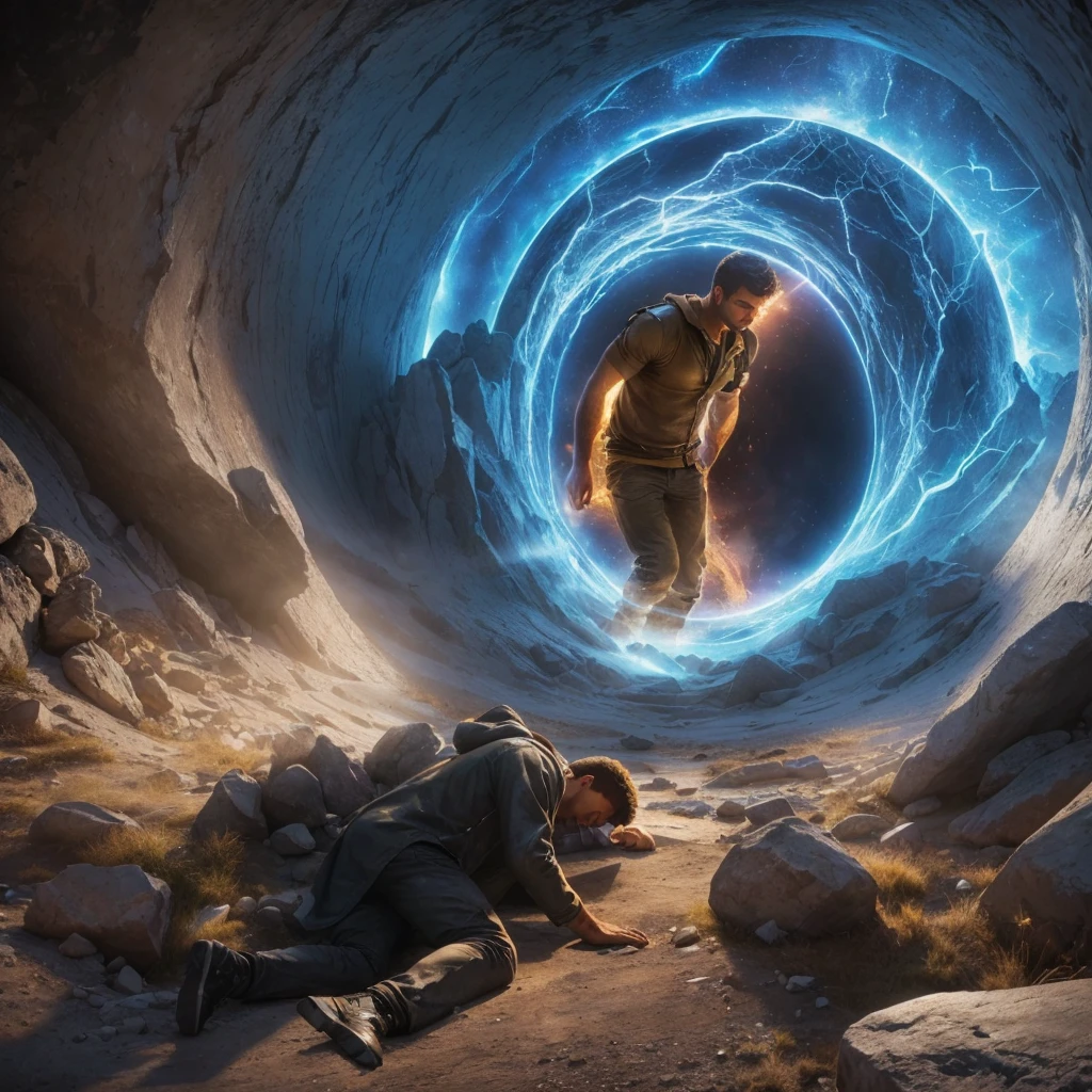 Two men get sick trying to go through a portal in a mountain. Photorealism, full view, very detailed image, very realistic, hyperrealism, Ultra HD, 8k, 5, sharp focus, intricate and mysterious masterpiece.(Long exposure photography Highly detailed close- up portrait art illustration: final quality, medium shot, backlit, rich and striking manipulations (rule of thirds composition), ((detailed environment with strong lines) The best quality, in camera, white light, warm and clean aesthetics , dazzling screen composed of millions of bright ultraviolet rays, HDR.