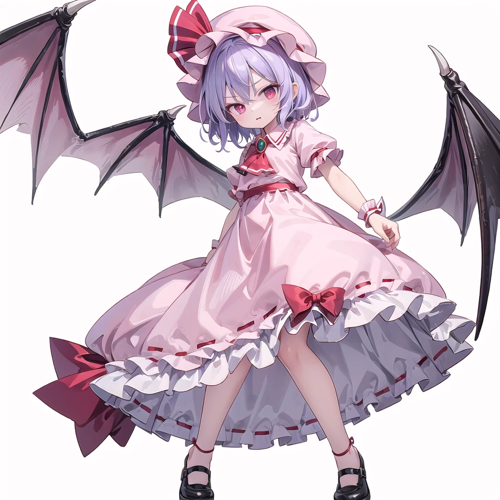 (((one women))),(((remilia scarlet))),(touhou), red eyes, short hair, purple hair, light purple hair, blue hair, slit pupils, fang, white headwear, pink headwear, mob cap, white shirt, pink shirt, collared shirt, frilled shirt collar, red ascot, puffy short sleeves, frilled sleeves, wrist cuffs, white skirt, pink skirt, skirt set, frilled skirt, red ribbon, hat ribbon, waist bow, red bow, brooch, holding,(((full body))),(((model posing))),(((white background))),(((Angle from below)))