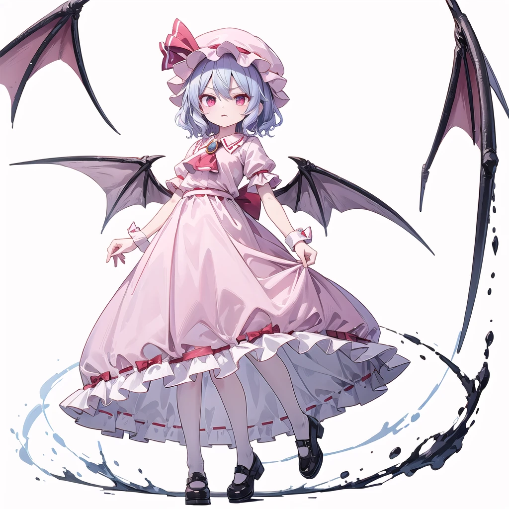 (((one women))),(((remilia scarlet))),(touhou), red eyes, short hair, purple hair, light purple hair, blue hair, slit pupils, fang, white headwear, pink headwear, mob cap, white shirt, pink shirt, collared shirt, frilled shirt collar, red ascot, puffy short sleeves, frilled sleeves, wrist cuffs, white skirt, pink skirt, skirt set, frilled skirt, red ribbon, hat ribbon, waist bow, red bow, brooch, holding,(((full body))),(((model posing))),(((white background))),(((Angle from below)))