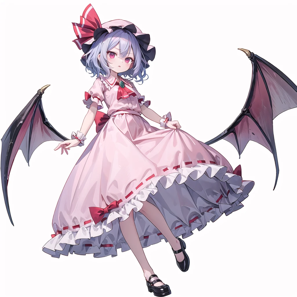 (((one women))),(((remilia scarlet))),(touhou), red eyes, short hair, purple hair, light purple hair, blue hair, slit pupils, fang, white headwear, pink headwear, mob cap, white shirt, pink shirt, collared shirt, frilled shirt collar, red ascot, puffy short sleeves, frilled sleeves, wrist cuffs, white skirt, pink skirt, skirt set, frilled skirt, red ribbon, hat ribbon, waist bow, red bow, brooch, holding,(((full body))),(((model posing))),(((white background))),(((Angle from below)))