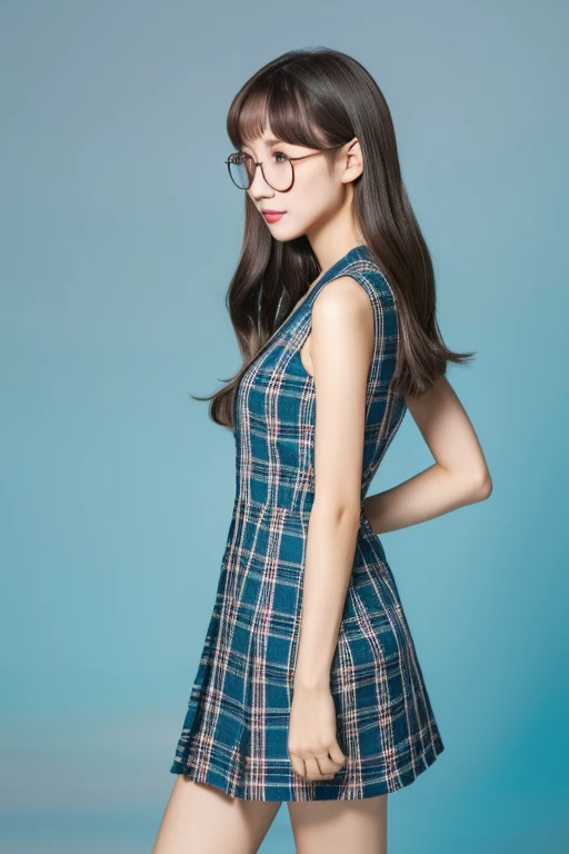 Highest quality、masterpiece、High sensitivity、High resolution、Detailed Description、Slim Body、Glasses、Plaid mini dress、From the rear