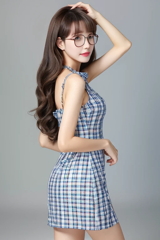 Highest quality、masterpiece、High sensitivity、High resolution、Detailed Description、Slim Body、Glasses、Plaid mini dress、From the rear