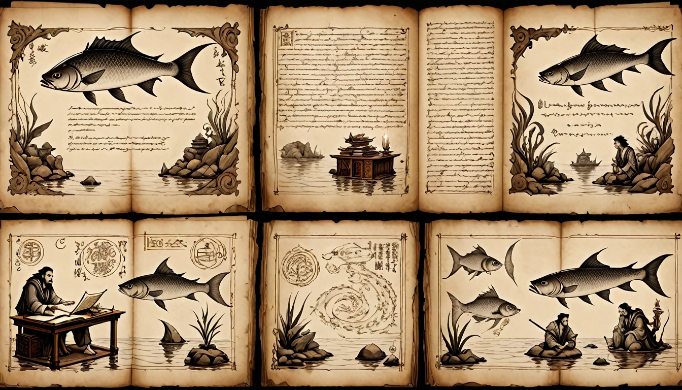 Setting: A scholarly desk cluttered with ancient scrolls, books, and sketches.
Subject: Detailed illustrations of Dagon on parchment paper, showing various interpretations of his half-fish, half-human form. One sketch depicts Dagon in a standing pose, while another shows him submerged in water. Also included are ancient symbols and notes from archaeologists describing their findings.
Atmosphere: Intellectual and historical, with warm, soft lighting casting a scholarly ambiance over the artifacts and illustrations.
