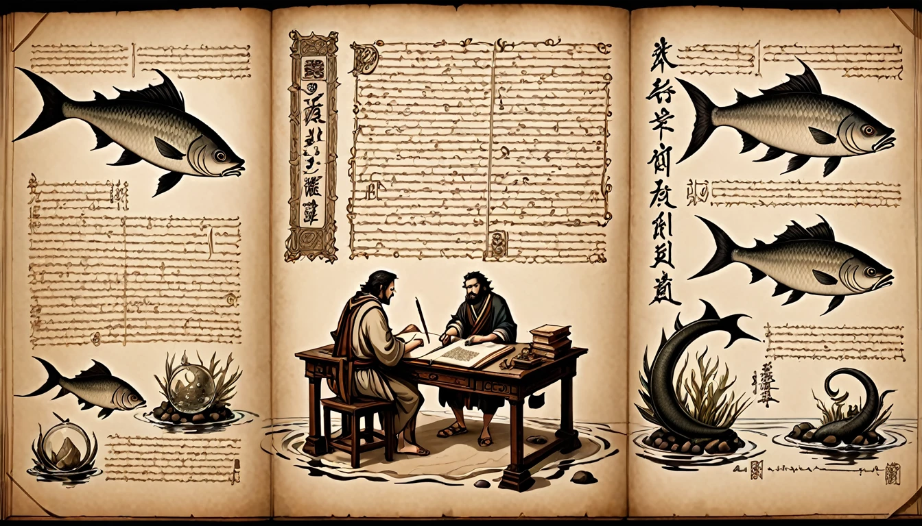 Setting: A scholarly desk cluttered with ancient scrolls, books, and sketches.
Subject: Detailed illustrations of Dagon on parchment paper, showing various interpretations of his half-fish, half-human form. One sketch depicts Dagon in a standing pose, while another shows him submerged in water. Also included are ancient symbols and notes from archaeologists describing their findings.
Atmosphere: Intellectual and historical, with warm, soft lighting casting a scholarly ambiance over the artifacts and illustrations.