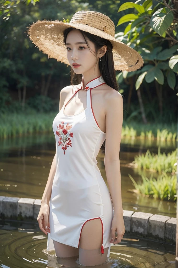 (((best quality))),(((ultra detailed))),(((masterpiece))),illustration,1 beautiful girl,slim,straw hat,shiny skin,black skin,sweat,wet,flat chest,short Embroidered red cheongsam,collar,bare arms,pantyhose,standing in the Paddy pool filled with Rice seedlings,full body,elegant, clear sky, sunlight, dreamy, contrast, natural,Chinese rural landscape,The body below the neck is in water