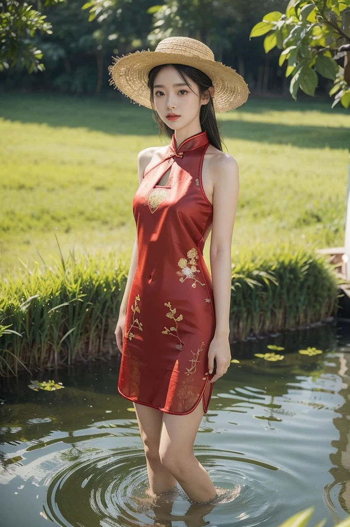 (((best quality))),(((ultra detailed))),(((masterpiece))),illustration,1 beautiful girl,slim,straw hat,shiny skin,black skin,sweat,wet,flat chest,short Embroidered red cheongsam,collar,bare arms,pantyhose,standing in the Paddy pool filled with Rice seedlings,full body,elegant, clear sky, sunlight, dreamy, contrast, natural,Chinese rural landscape,The body below the neck is in water