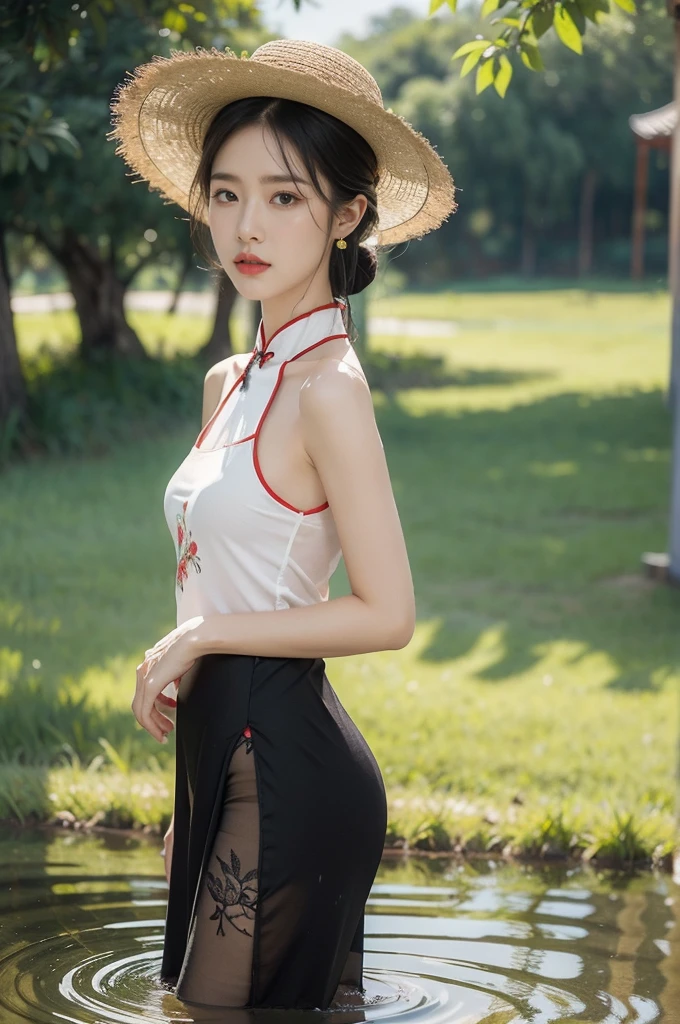 (((best quality))),(((ultra detailed))),(((masterpiece))),illustration,1 beautiful girl,slim,straw hat,shiny skin,black skin,sweat,wet,flat chest,short Embroidered red cheongsam,collar,bare arms,pantyhose,standing in the Paddy pool filled with Rice seedlings,full body,elegant, clear sky, sunlight, dreamy, contrast, natural,Chinese rural landscape,The body below the neck is in water