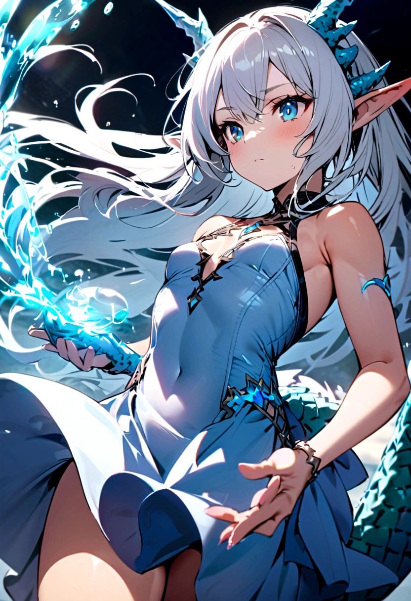 cute young girl, white hair, long hair, light blue eyes, elf ears, dragon tail, dragon thorn, muscular body, small breast, light blue dress, water magic