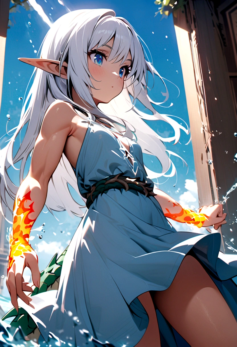 cute young girl, white hair, long hair, light blue eyes, elf ears, dragon tail, dragon thorn, muscular body, small breast, light blue dress, water magic