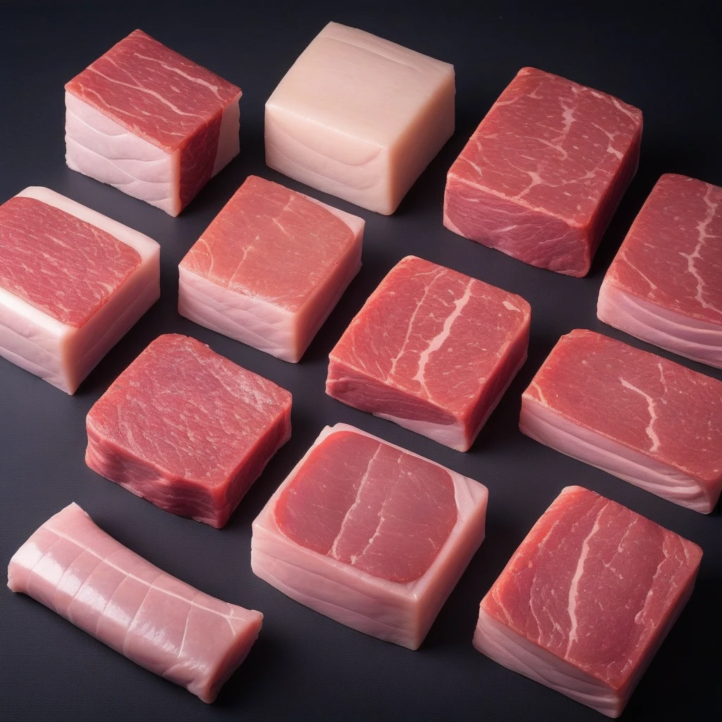 Meat slices and sausages displayed in packaging, pork，thin slices of meat，Pork belly