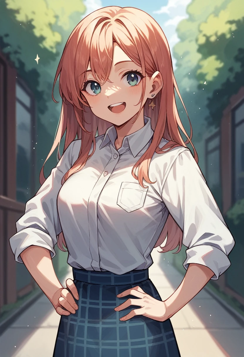 Wearing a white polo shirt and a tartan skirt、Cute girl smiling with hands on hips