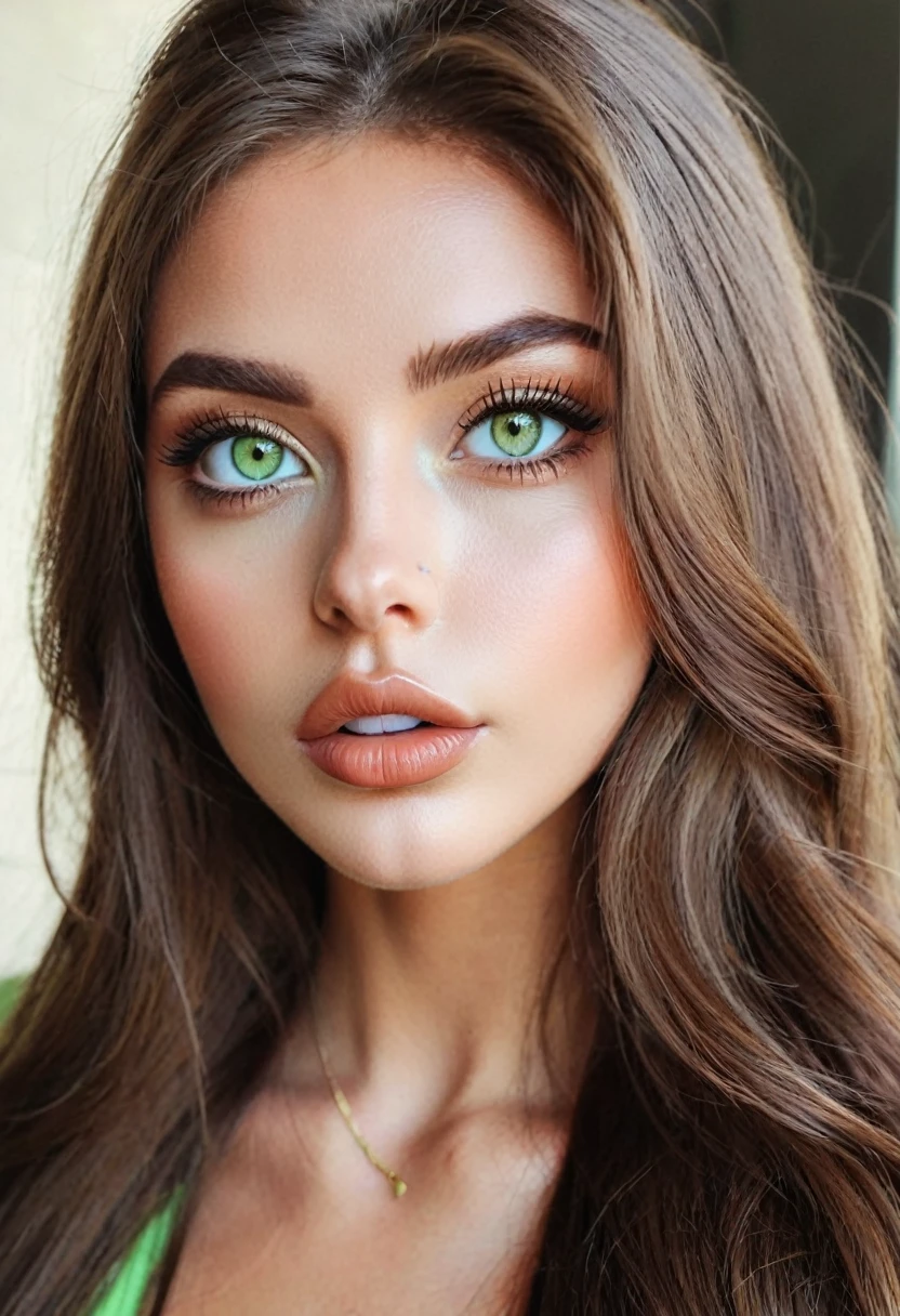 Instagram model, , brown long hair, light green eyes, big lips, beautiful face, nose piercing, close-up of face , cateye