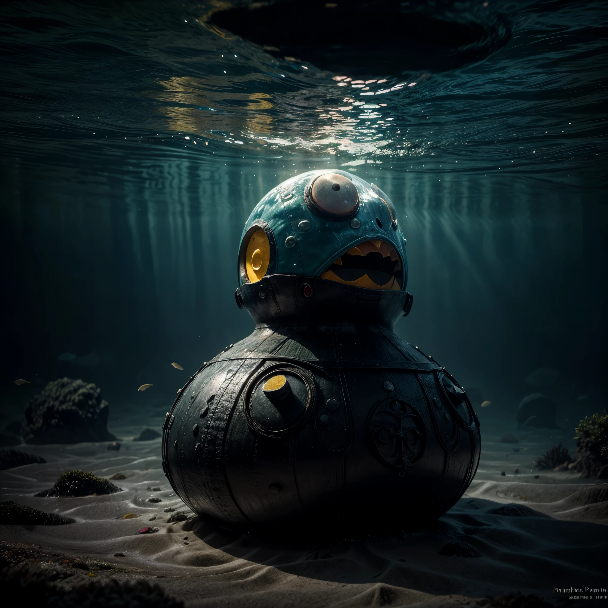 A gigantic Pac-Man is emerging from the ocean floor, surrounded by marine life. Light breaks through the water, creating a dramatic and mystical lighting effect. The colossal Pac-Man, with its iconic round shape and wide-open mouth, dominates the scene, making the surrounding marine creatures appear tiny in comparison. Seaweed and coral cling to its surface, indicating its prolonged stay underwater.
Details for creating a picture:
Main object:
Gigantic Pac-Man with its classic yellow color and wide-open mouth.
Covered in seaweed and coral, showing signs of being underwater for a long time.
ambient:
Ocean floor, covered with sand and rocks.
Marine flora: large seaweed, algae, and extensive coral formations.
Marine fauna: various types of fish, turtles, rays, and other marine life.
Lighting & Atmosphere:
Scattered light penetrating through the water from above, creating dramatic light rays.
Shadows and depth, emphasizing the size and presence of Pac-Man.
Bluish and greenish shades, characteristic of the underwater environment.
Additional elements (Optional):
Shipwrecks or old chests in the background to add ambience.
Large air bubbles rising from Pac-Man.
Tiny marine creatures swimming around Pac-Man, highlighting its enormous size.
Style and mood:
Realistic style with high detail.
Dramatic and slightly mysterious atmosphere.
Combination of iconic pop culture and natural underwater elements.
Technical specifications:
High resolution.
Realistic stylization.
Detailed elements of Pac-Man and the underwater world.
Effective use of light and shadow to create depth and realism.
