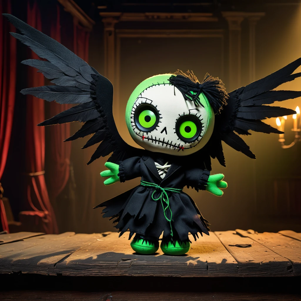 (knitted toy voodoo doll: 1.7), (Voodoo Shadow Manipulator: 1.3), (clothes Black cloak, long gloves, glowing green eyes: 1.0), (in the background Abandoned theater stage, torn wings, puppets on strings: 1.3), best quality, masterpiece, detailed soft oil painting, detailed background, dramatic cinematic lighting, soft edge lighting, professional, dramatic lighting, hard edge lighting, ultra quality, 4k,masterpiece, best quality, 8k, ultra highres, highres, extremely detailed