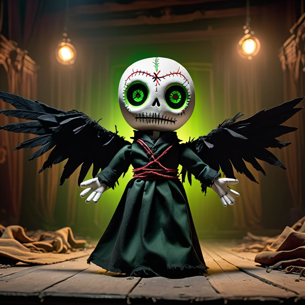 (knitted toy voodoo doll: 1.7), (Voodoo Shadow Manipulator: 1.3), (clothes Black cloak, long gloves, glowing green eyes: 1.0), (in the background Abandoned theater stage, torn wings, puppets on strings: 1.3), best quality, masterpiece, detailed soft oil painting, detailed background, dramatic cinematic lighting, soft edge lighting, professional, dramatic lighting, hard edge lighting, ultra quality, 4k,masterpiece, best quality, 8k, ultra highres, highres, extremely detailed