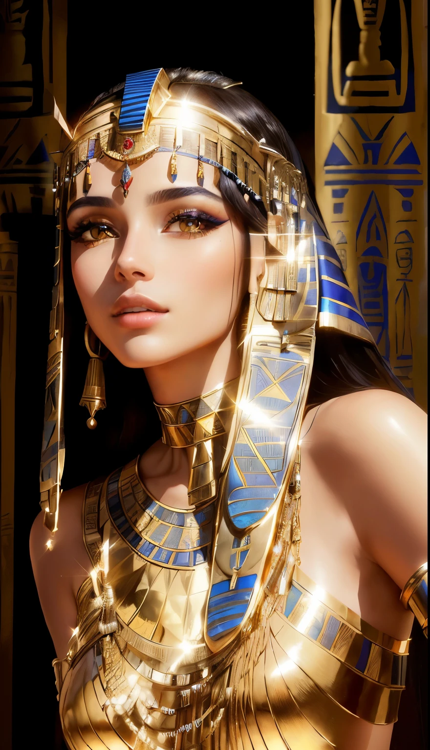 A man wearing a golden costume、Close-up of a woman wearing a blue headdress, beautiful Cleopatra, Cleopatra portrait, Egyptian princess, Cleopatra, wearing an Egyptian crown, Egyptian, Egyptian style, Egyptian makeup, portrait of Cleopatra, Pharaoh, A Stunning Portrait of a Goddess, Portrait of a beautiful goddess, Cleopatra in her palace, Close-up of goddess