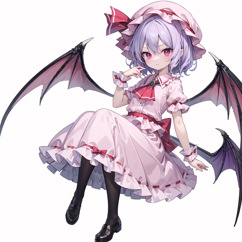 (((one women))),(((remilia scarlet))),(touhou), red eyes, short hair, purple hair, light purple hair, blue hair, slit pupils, fang, white headwear, pink headwear, mob cap, white shirt, pink shirt, collared shirt, frilled shirt collar, red ascot, puffy short sleeves, frilled sleeves, wrist cuffs, white skirt, pink skirt, skirt set, frilled skirt, red ribbon, hat ribbon, waist bow, red bow, brooch, holding,(((full body))),(((model posing))),(((white background))),(((Diagonal angle)))