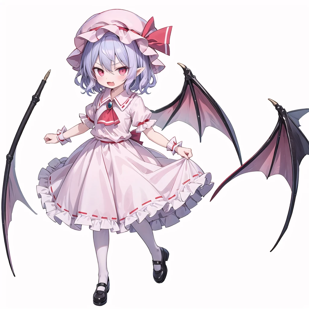 (((one women))),(((remilia scarlet))),(touhou), red eyes, short hair, purple hair, light purple hair, blue hair, slit pupils, fang, white headwear, pink headwear, mob cap, white shirt, pink shirt, collared shirt, frilled shirt collar, red ascot, puffy short sleeves, frilled sleeves, wrist cuffs, white skirt, pink skirt, skirt set, frilled skirt, red ribbon, hat ribbon, waist bow, red bow, brooch, holding,(((full body))),(((model posing))),(((white background))),(((Diagonal angle)))