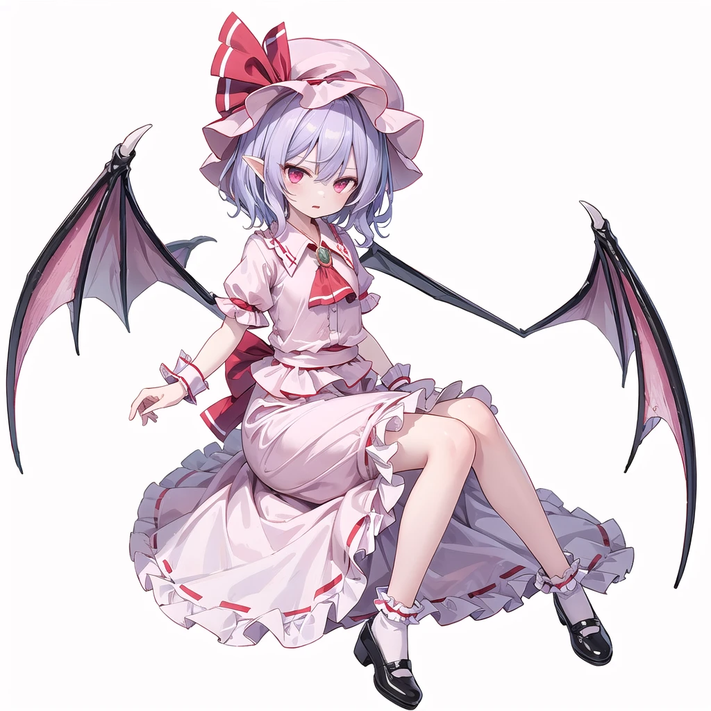 (((one women))),(((remilia scarlet))),(touhou), red eyes, short hair, purple hair, light purple hair, blue hair, slit pupils, fang, white headwear, pink headwear, mob cap, white shirt, pink shirt, collared shirt, frilled shirt collar, red ascot, puffy short sleeves, frilled sleeves, wrist cuffs, white skirt, pink skirt, skirt set, frilled skirt, red ribbon, hat ribbon, waist bow, red bow, brooch, holding,(((full body))),(((model posing))),(((white background))),(((Diagonal angle)))