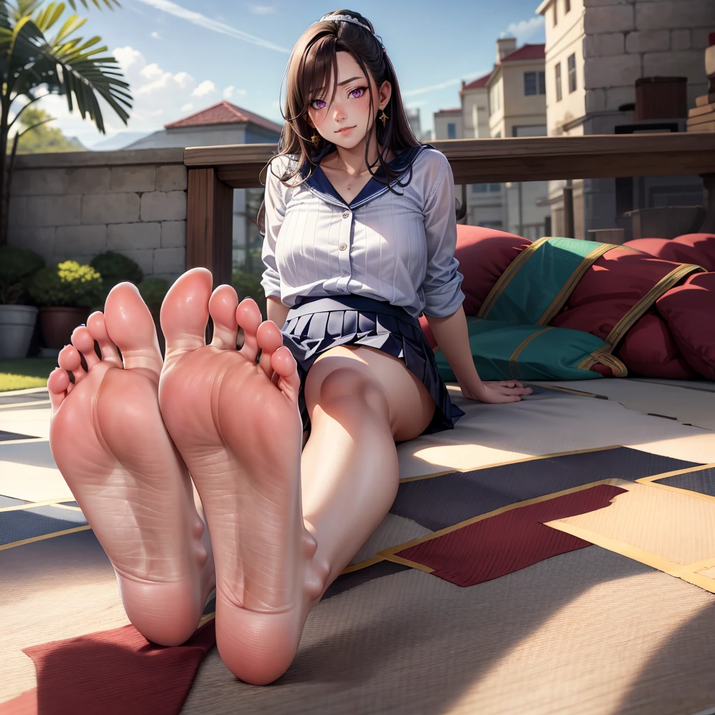 (masterpiece:1.2, Best quality), (real picture, complex parts), 1 lady, One, Sitting, Showing Legs, Showing Legs, showing soles, long hair, Eye makeup, Natural fabrics, face close up, smile, bare feet, Feet on camera, Long dark hair, Brown eyes, Mother with a Prince., pleated skirt, big breasts, big , detailed face, correct foot anatomy, Anatomy of the foot, sexy foot, feet pointing towards the viewer, foot, soles, detailed legs, correct foot anatomy, soles, Sitting, fool, big lipds