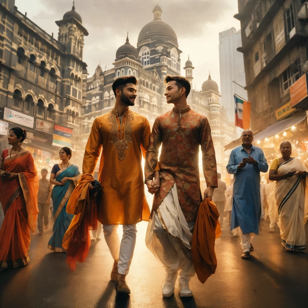 Capture a candid photograph of two gay men, dressed in vibrant traditional Indian attire, holding hands and walking through Mumbai's lively streets. Focus on depicting their love and connection against the city's dynamic backdrop, ensuring their interactions appear spontaneous and genuine. Choose a setting that embodies Mumbai's cultural vibrancy, such as a bustling market or near iconic landmarks, to provide context. Use a long shot to balance their intimacy with the city's energy, employing natural lighting for authenticity. The composition should highlight their joyous relationship and the inclusivity of the urban environment, with attention to the detailed beauty of their outfits and the surrounding city life. Aim for a mood that is celebratory, capturing their happiness and sense of belonging in the city. Ensure the photograph is taken respectfully, with the couple's consent, to authentically represent their love and the spirit of Mumbai in a single, compelling image. Lomg shot.