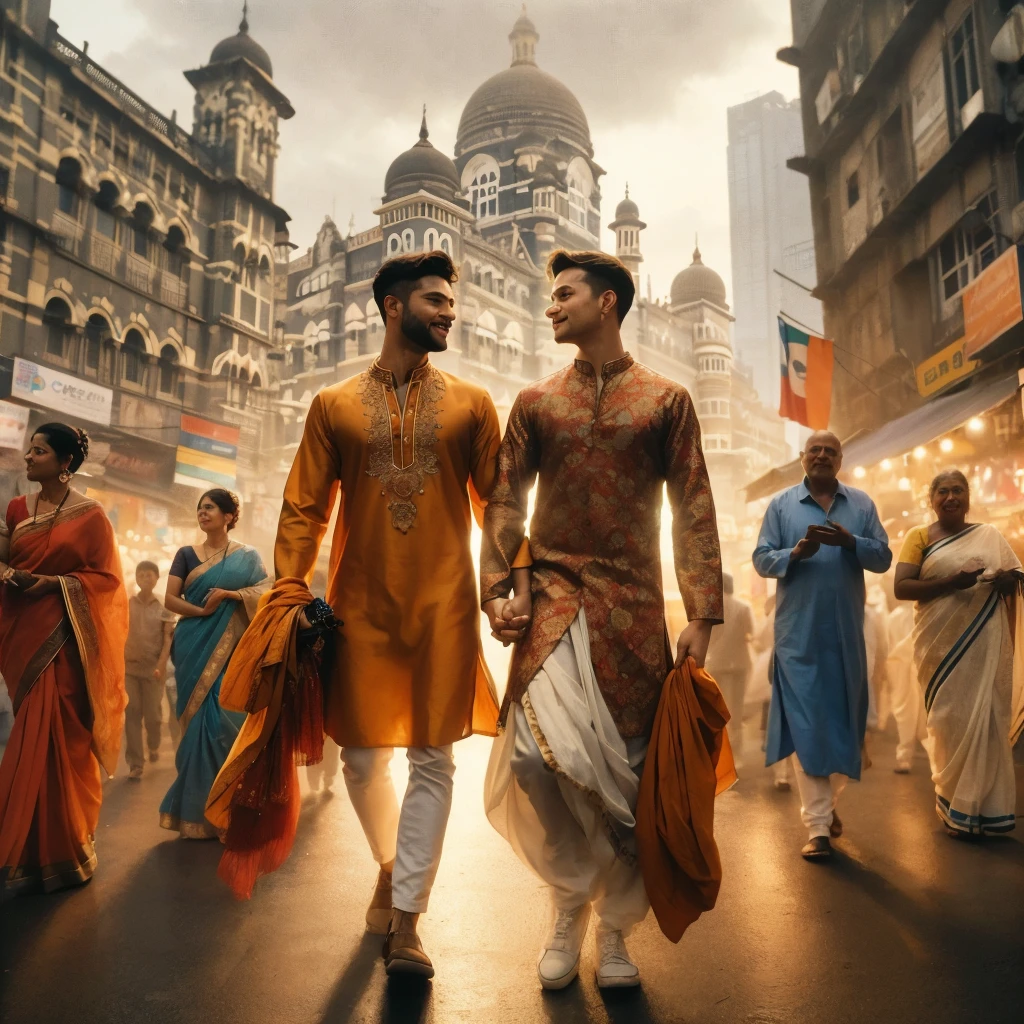 Capture a candid photograph of two gay men, dressed in vibrant traditional Indian attire, holding hands and walking through Mumbai's lively streets. Focus on depicting their love and connection against the city's dynamic backdrop, ensuring their interactions appear spontaneous and genuine. Choose a setting that embodies Mumbai's cultural vibrancy, such as a bustling market or near iconic landmarks, to provide context. Use a long shot to balance their intimacy with the city's energy, employing natural lighting for authenticity. The composition should highlight their joyous relationship and the inclusivity of the urban environment, with attention to the detailed beauty of their outfits and the surrounding city life. Aim for a mood that is celebratory, capturing their happiness and sense of belonging in the city. Ensure the photograph is taken respectfully, with the couple's consent, to authentically represent their love and the spirit of Mumbai in a single, compelling image. Lomg shot.