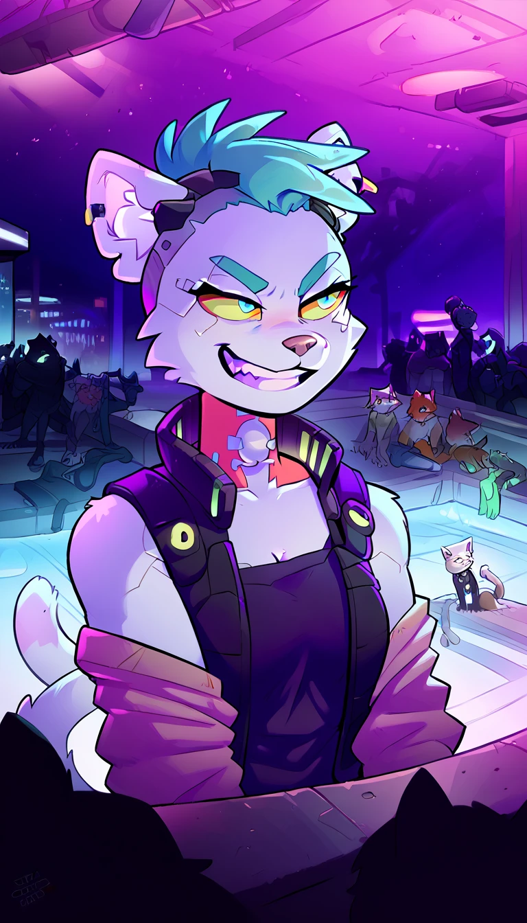 score_9, score_8_up, score_7_up,

(cyberpunk city, night club, midnight, furry crowd on background, [cat, dog, fox, wolf, cow, bull:0.33], night club dancefloor), 

((cat:1.2), anthro, female, looking to camera, stand calm, ((closeup portrait, buest)), punk color fur, short punk haircut, beautiful, have a cyberpunk-style augmentations, grin)