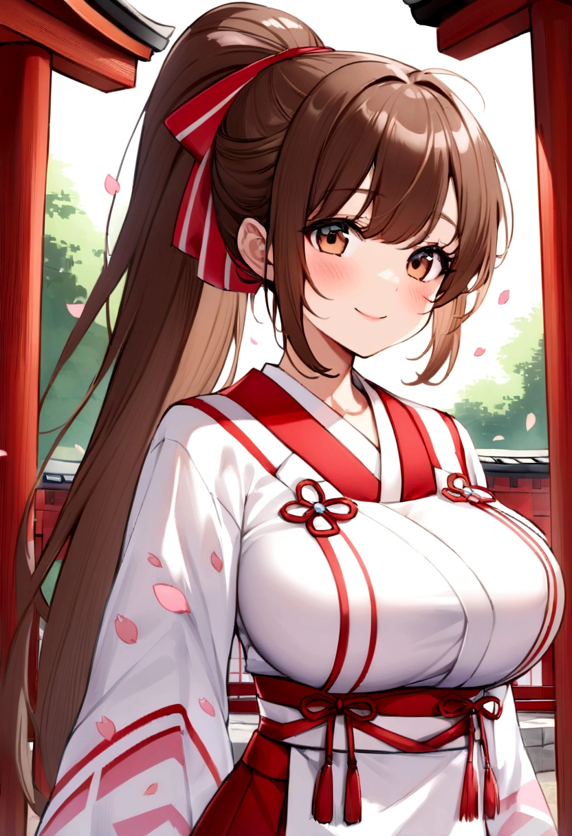 Highest quality、Confused、((Portrait of the cutest girl in the world))、Japanese、、shrine、A slightly windy day with cherry blossom petals fluttering、kimono、plain white kimono、Red Skirt、shrine maiden服、shrine maiden、Nice and cute、An innocent smile、nice smile、Big Breasts、(はちきれそうなBig Breasts:1.3)、(High Ponytail:1.4)、Tie your hair with a thin red ribbon、Brown Hair、Narrow waist、Detailed beautiful idea hair、Look forward、Upper Body、